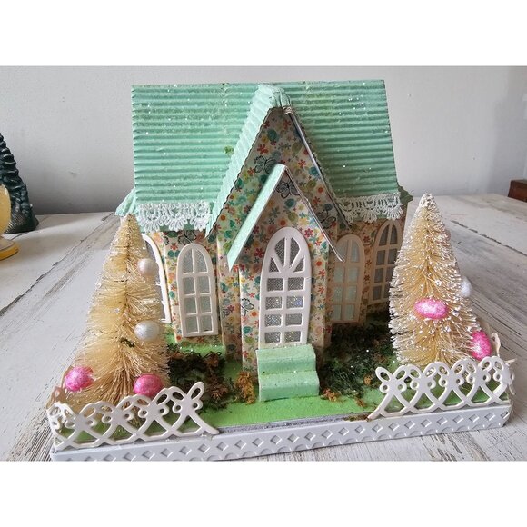 Pier 1 spring mint LED chapel village House Easter light up cardboard rare vinta - Picture 1 of 13